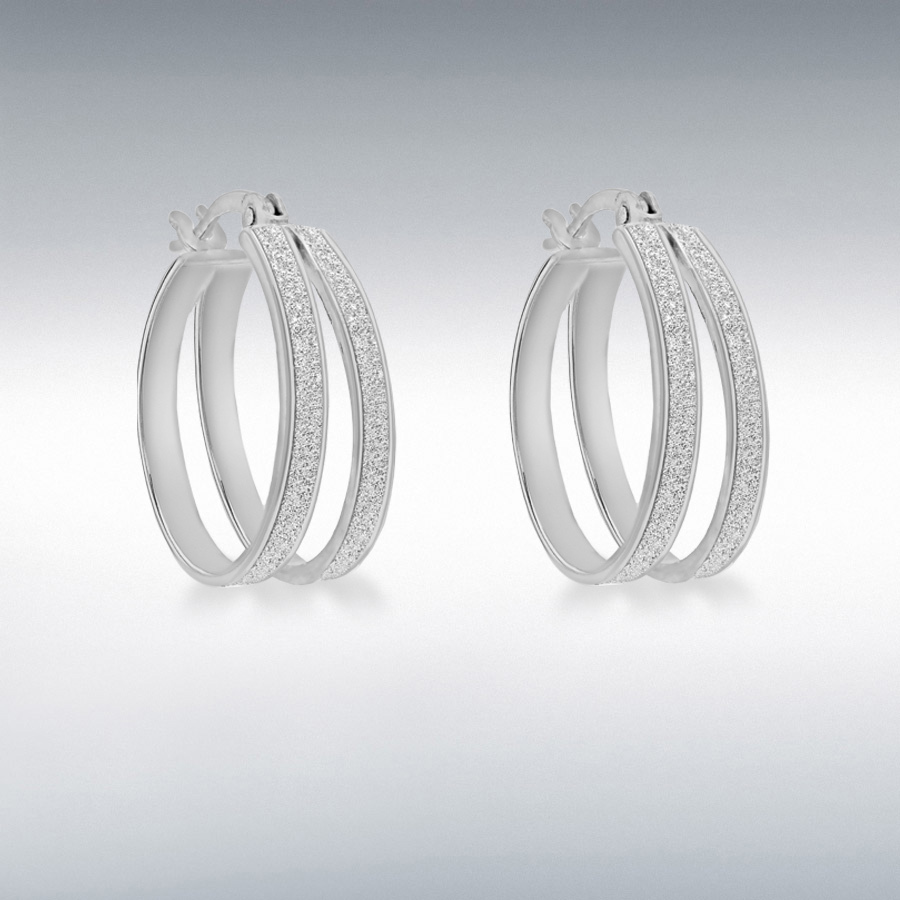 Sterling Silver Rhodium Plated 18mm Stardust Double Hoop Creole Earrings