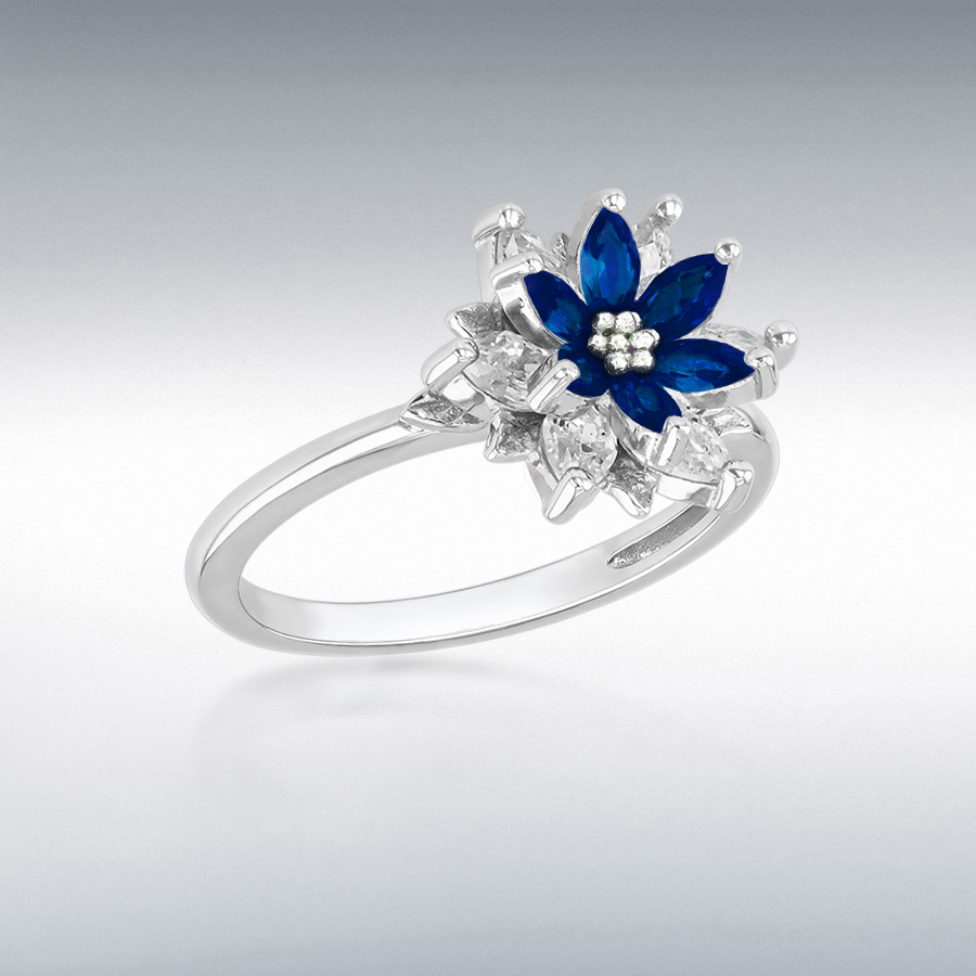 Sterling silver Rhodium Plated  White CZ and Blue Spinel 12mm Flower Ring