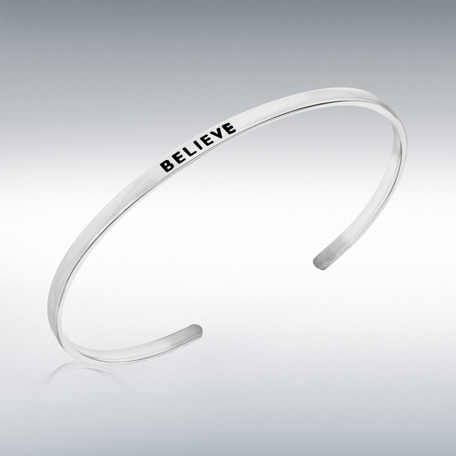 Sterling Silver 'Believe' Message Cuff Bangle