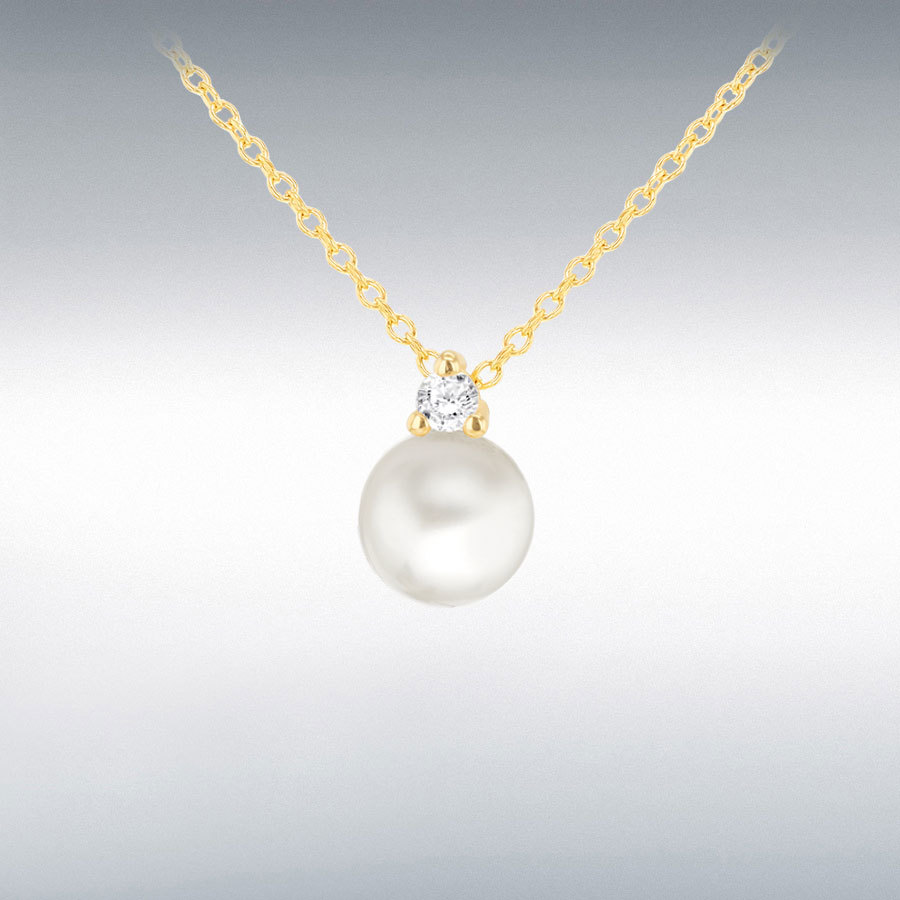 9ct Yellow Gold Round Pearl with White CZ Adjustable Necklace