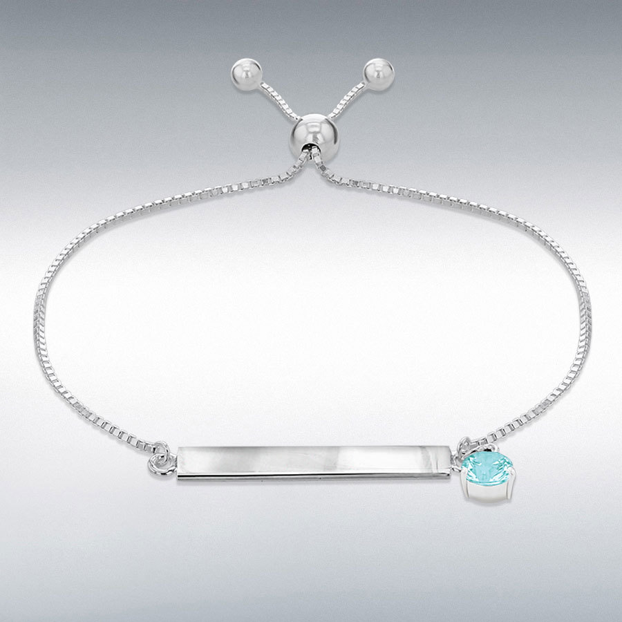 Sterling Silver Light Blue 5mm CZ March Birthstone Adjustable Slider ID Bracelet 23cm/9"