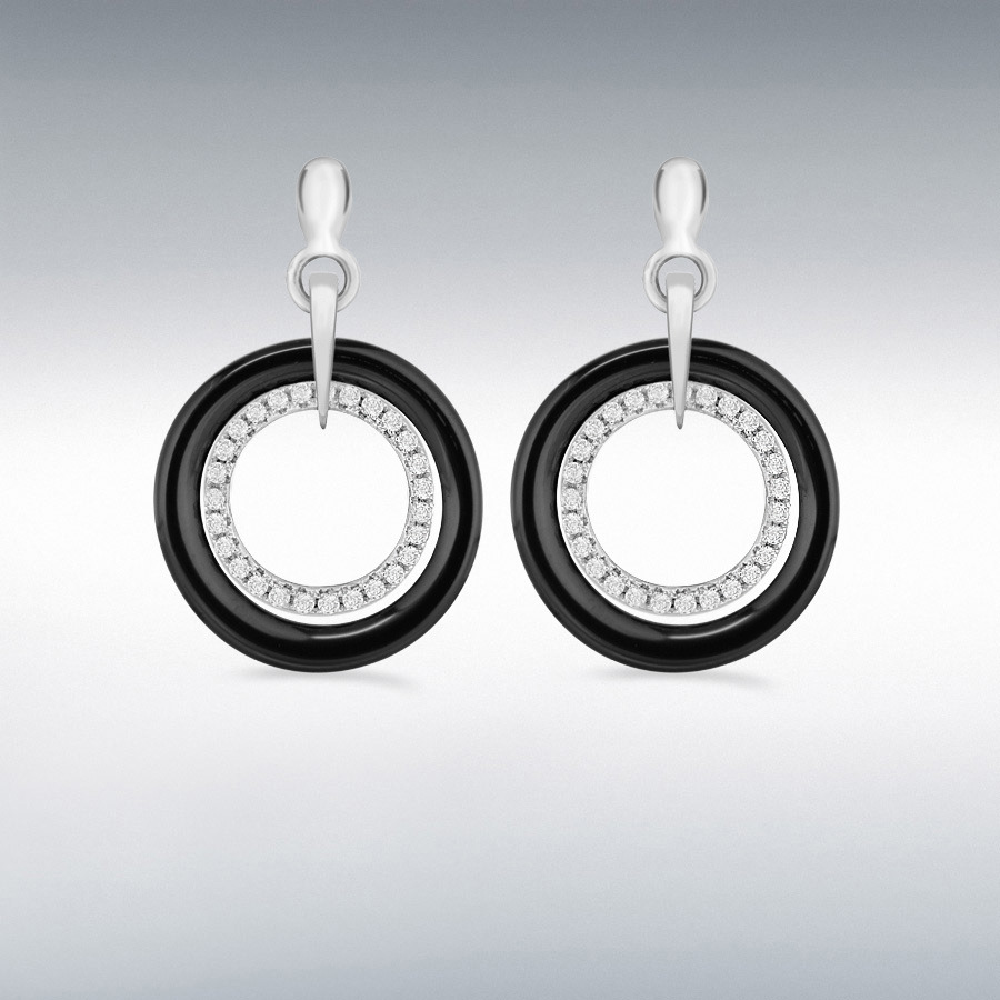 Sterling Silver Rhodium Plated Pave Set CZ and Black Ring Earrings 