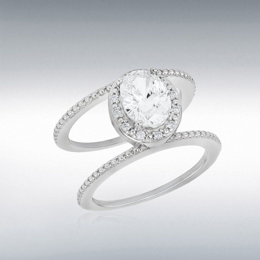 Sterling Silver Rhodium Plated Oura Ring Oval CZ Cluster Enhancer