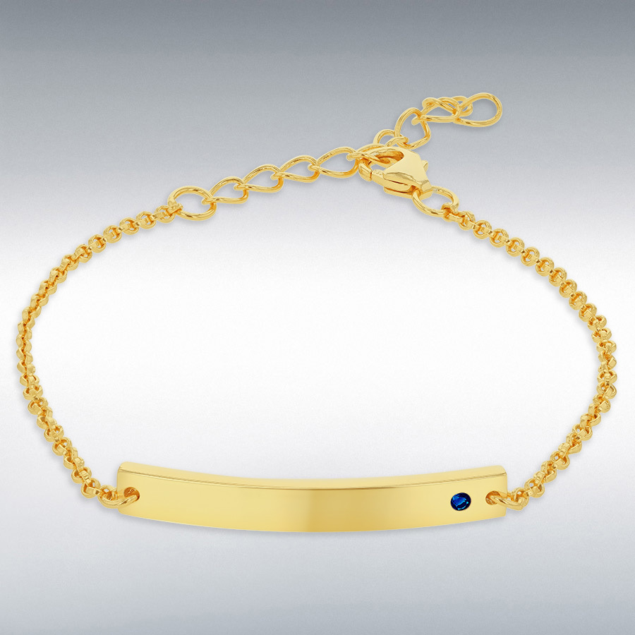 Sterling Silver Yellow Gold Plated ID Bar with September Birthstone CZ  Adjustable Bracelet 13cm/5"- 16cm/6.25"