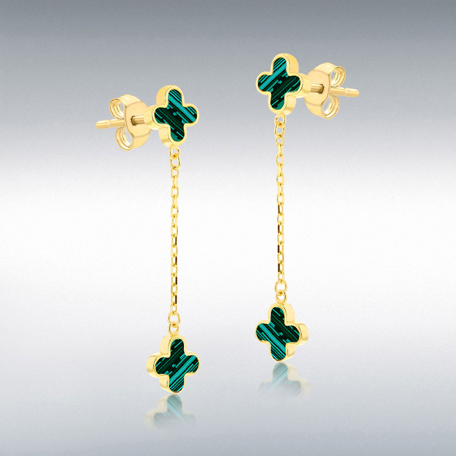 9ct Yellow Gold 6.75mm x 35mm Malachite Clover Petals Drop Stud Earrings