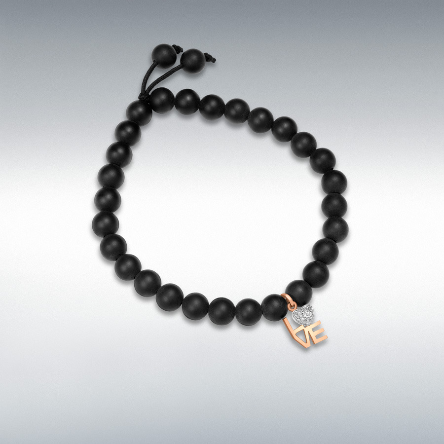 9ct Rose Gold 0.05ct Diamond 'Love' and Onyx Bead Bracelet 18cm/7"