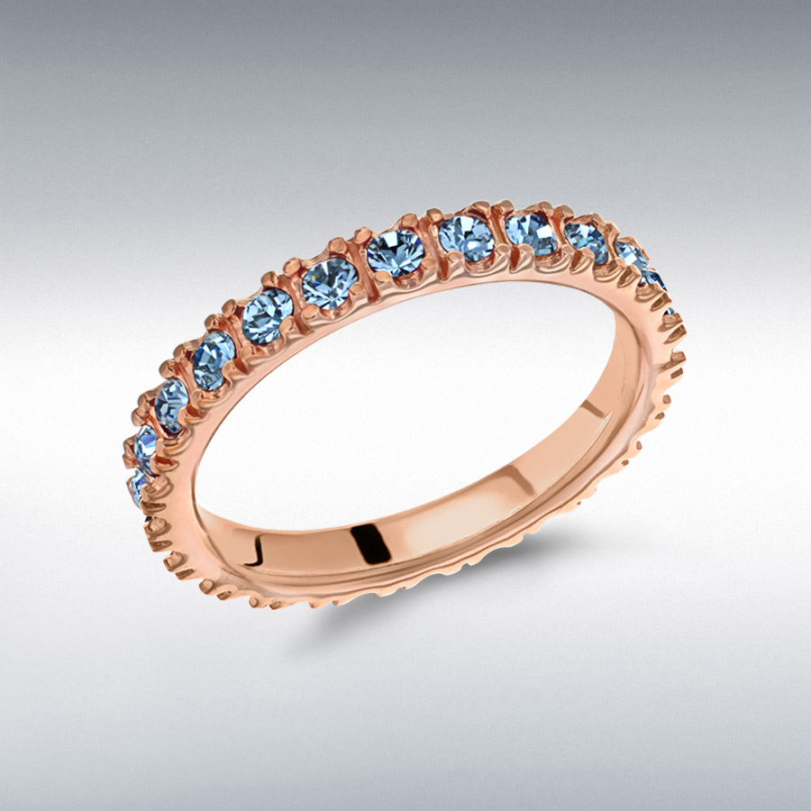 Sterling Silver Rose Gold Plated Blue Crystal 3mm Band Stacking Ring