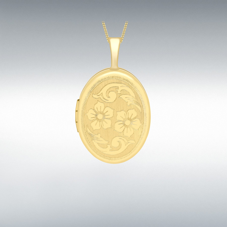 9ct Yellow Gold 16mm x 25mm Etched Flower-Detail Oval Locket