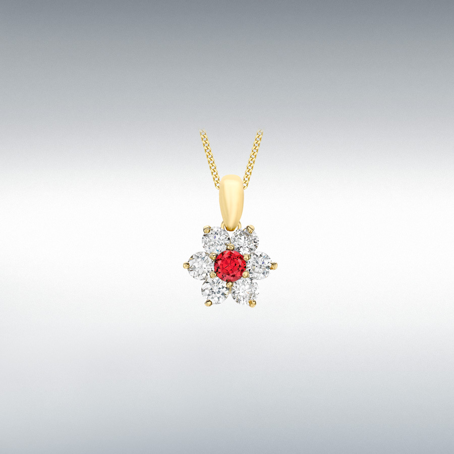 9ct Yellow Gold Round Red and Round White CZ 10.1mm x 15.2mm Flower Cluster Pendant