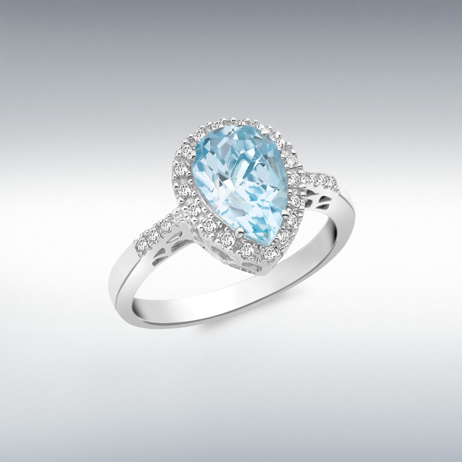 9ct White Gold 0.17ct Diamond and Teardrop Blue Topaz Ring