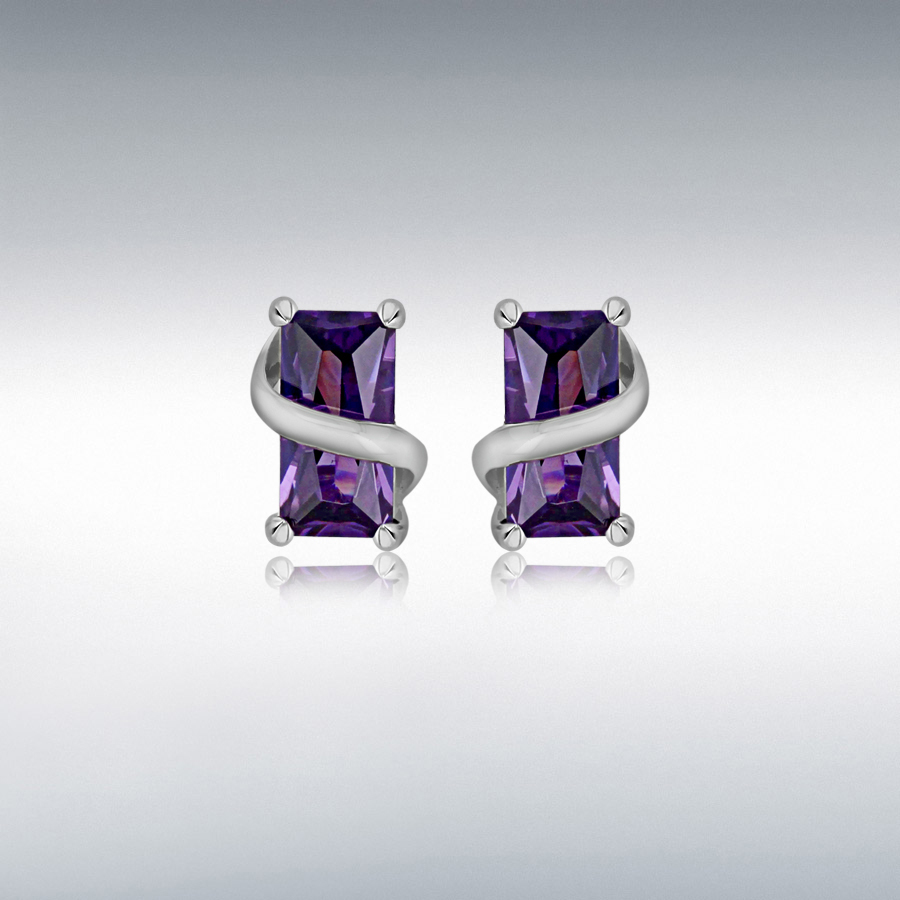 Sterling Silver Purple 6mm x 10mm Rectangle CZ Wrap-Around Stud Earrings