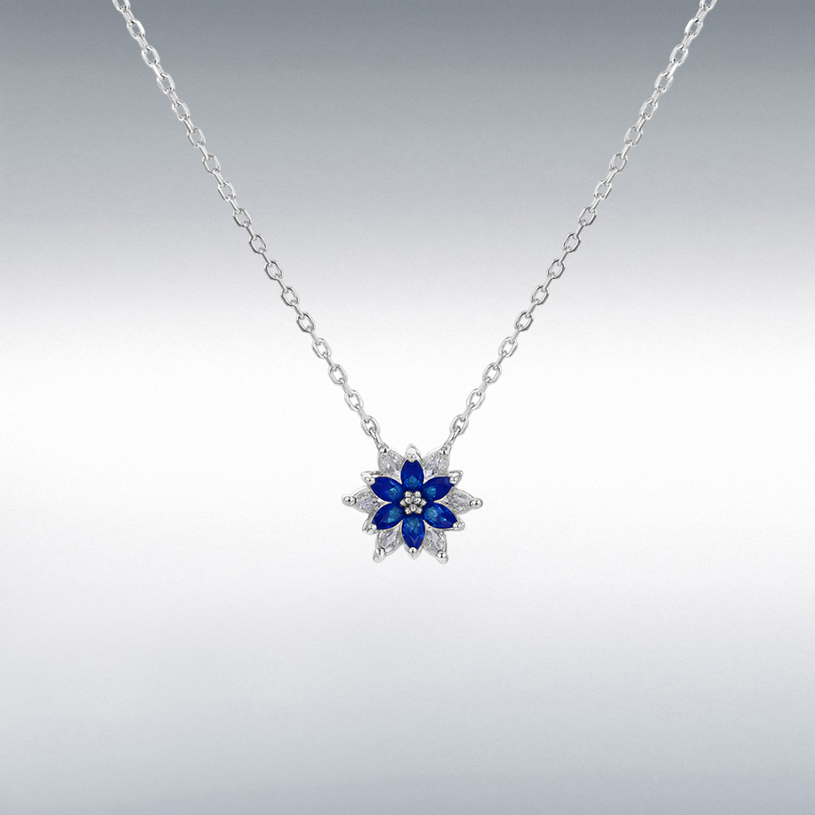 Sterling Silver Rhodium Plated  White CZ and Blue Spinel 12mm Flower Necklace 40cm/15.75"-45cm/17.75"