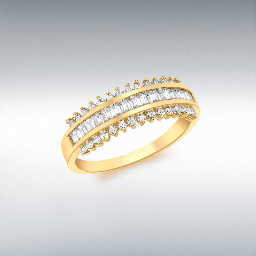 9ct Yellow Gold 30 x 1mm Round CZ and 15 x 2mm Baguette CZ Triple-Row Track Ring