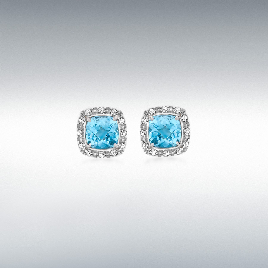 9ct White Gold 0.10ct Diamond and Cushion Cut Blue Topaz 8mm x 8mm Stud Earrings