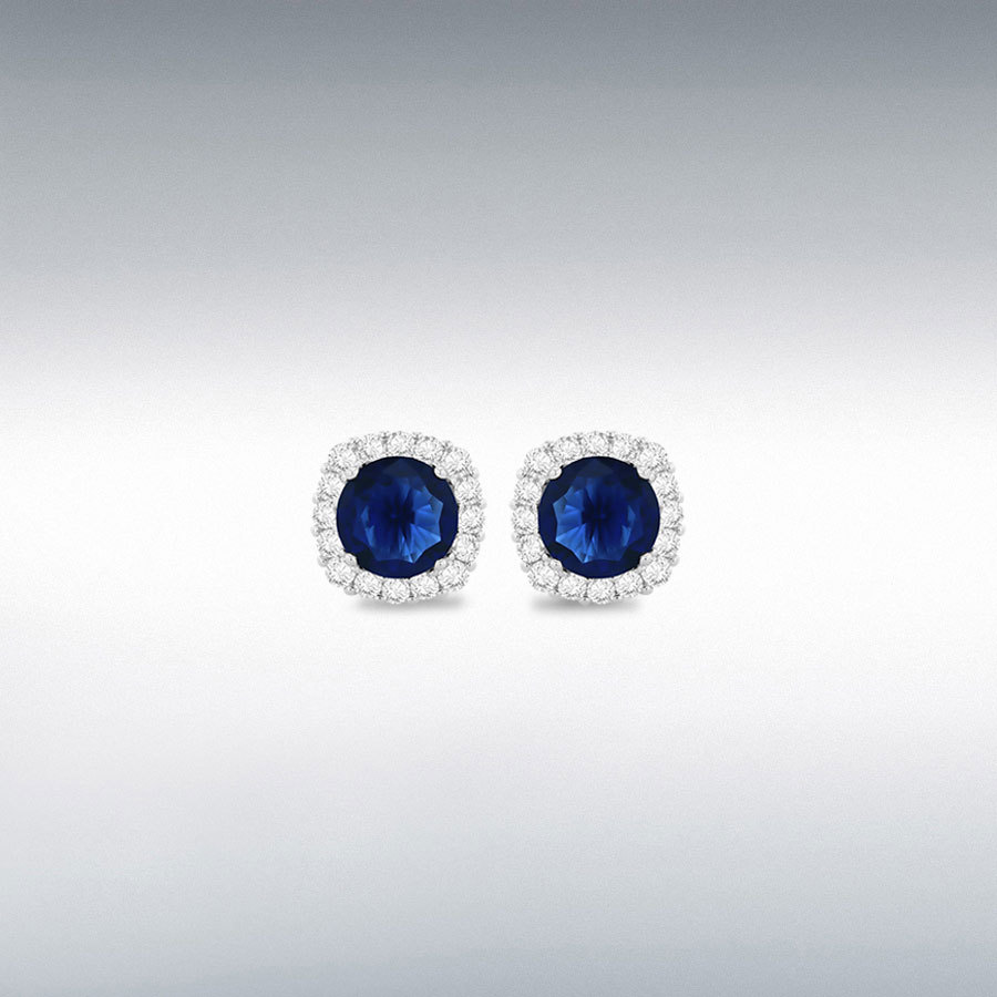 Sterling Silver White CZ and Blue Glass 10mm Cushion Stud Earring