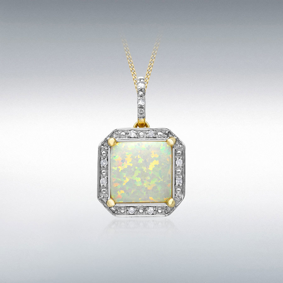 9ct Yellow Gold 0.02ct Diamond and Synthetic Opal 10mm x 16.5mm Square Halo Pendant