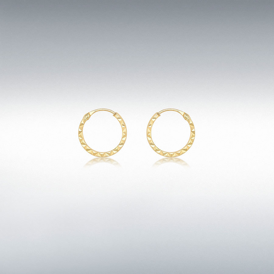9ct Yellow Gold 1mm Tube 10mm Diamond Cut Hoop Earrings
