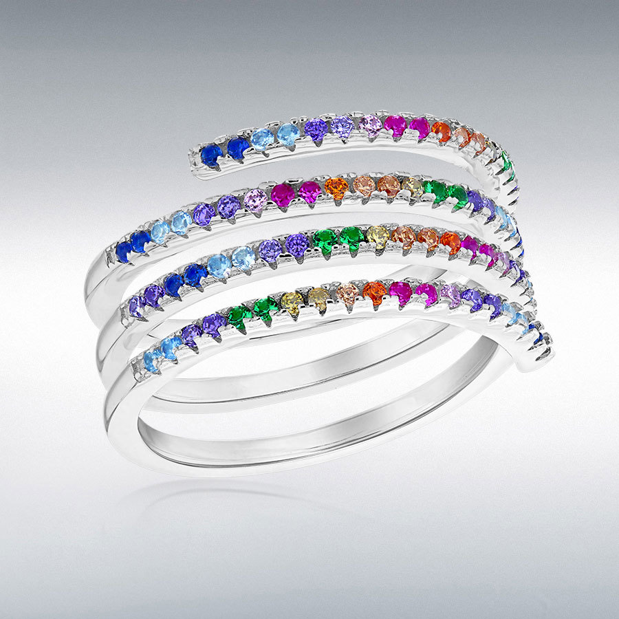 Sterling Silver Rhodium Plated Multi-Coloured CZ 1.5mm Band Spiral Ring