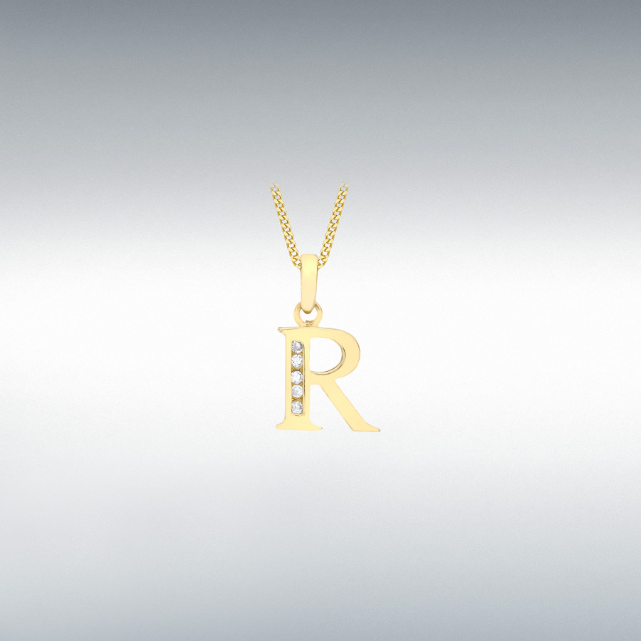 9ct Yellow Gold CZ 10mm x 12mm 'R' Initial Pendant