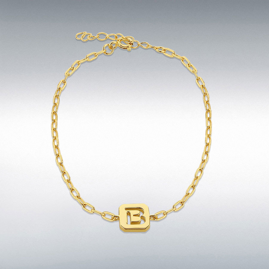 Sterling Silver Yellow Gold Plated 8mm x 9mm Initial 'B' Initial Bracelet 17cm/6.7"-20cm/8"