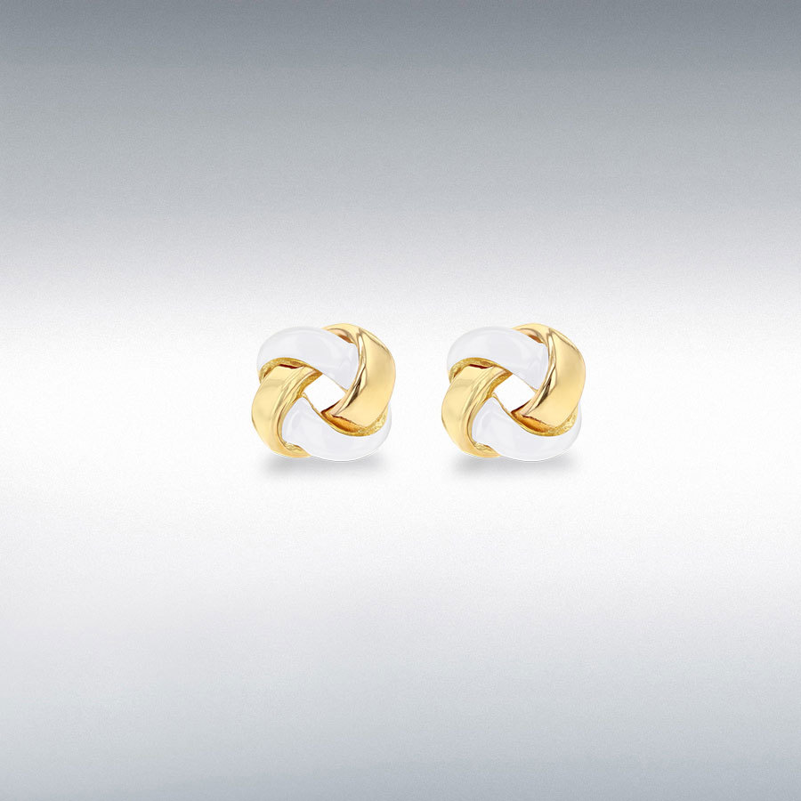 Sterling Silver Yellow Gold Plated 7.5mm White Enamel Small Knot Stud Earrings
