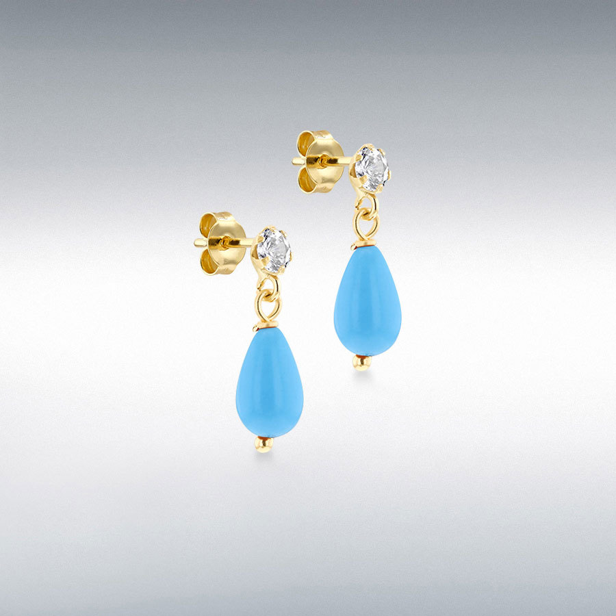 9CT Yellow Gold Blue Stone with CZ Drop Earrings