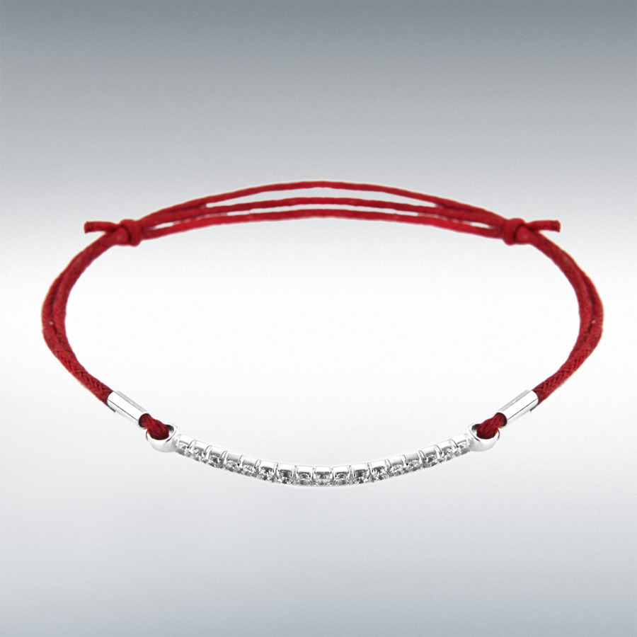 Sterling Silver CZ Red Cord ID Adjustable Bracelet