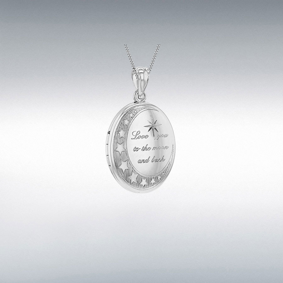 Sterling Silver Rhodium Plated Oval Shape Moon and Star "Love You to the Moon and Back" Small Locket Pendant 