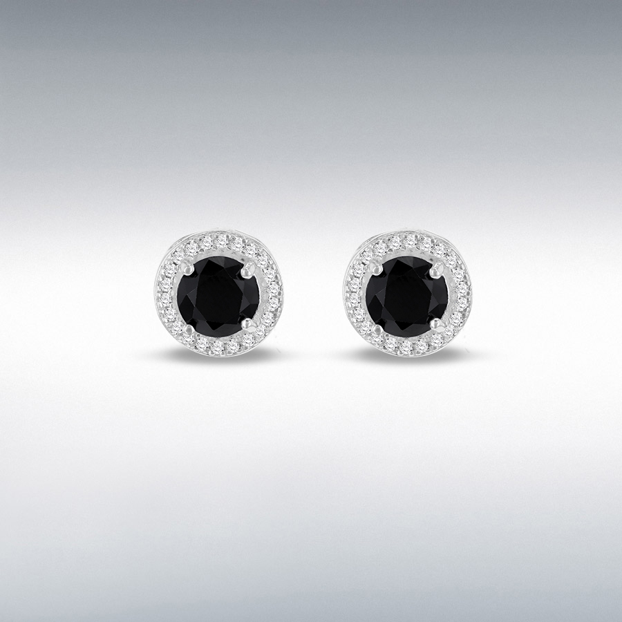 Sterling Silver 6mm Black CZ and 1mm White CZ Halo Stud Earring