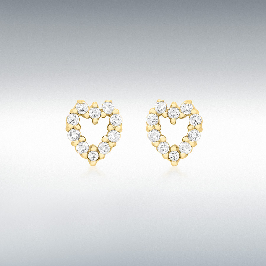 9ct Yellow Gold 20 x 1.2mm CZ 6mm x 7mm 'Heart' Stud Earrings