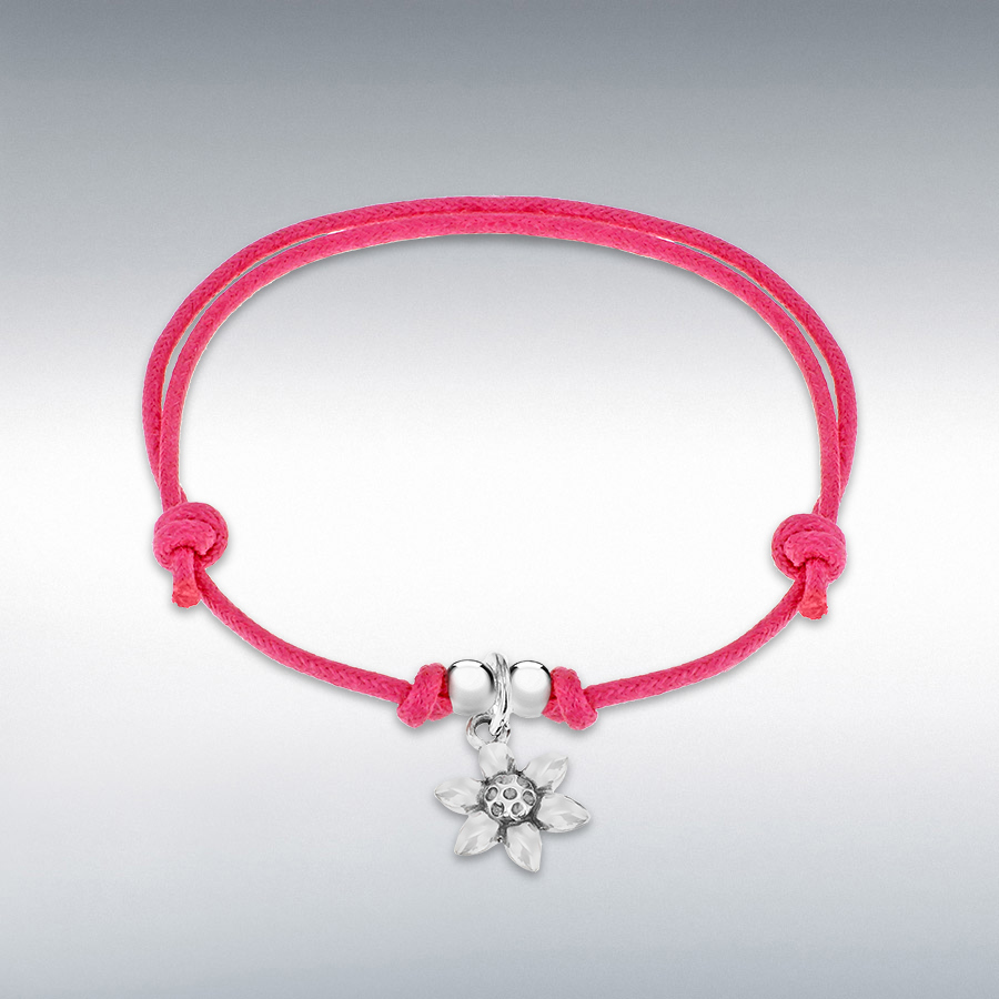 Sterling Silver Flower Pink Cord Adjustable Bracelet 15cm/6"-25.5cm/10"