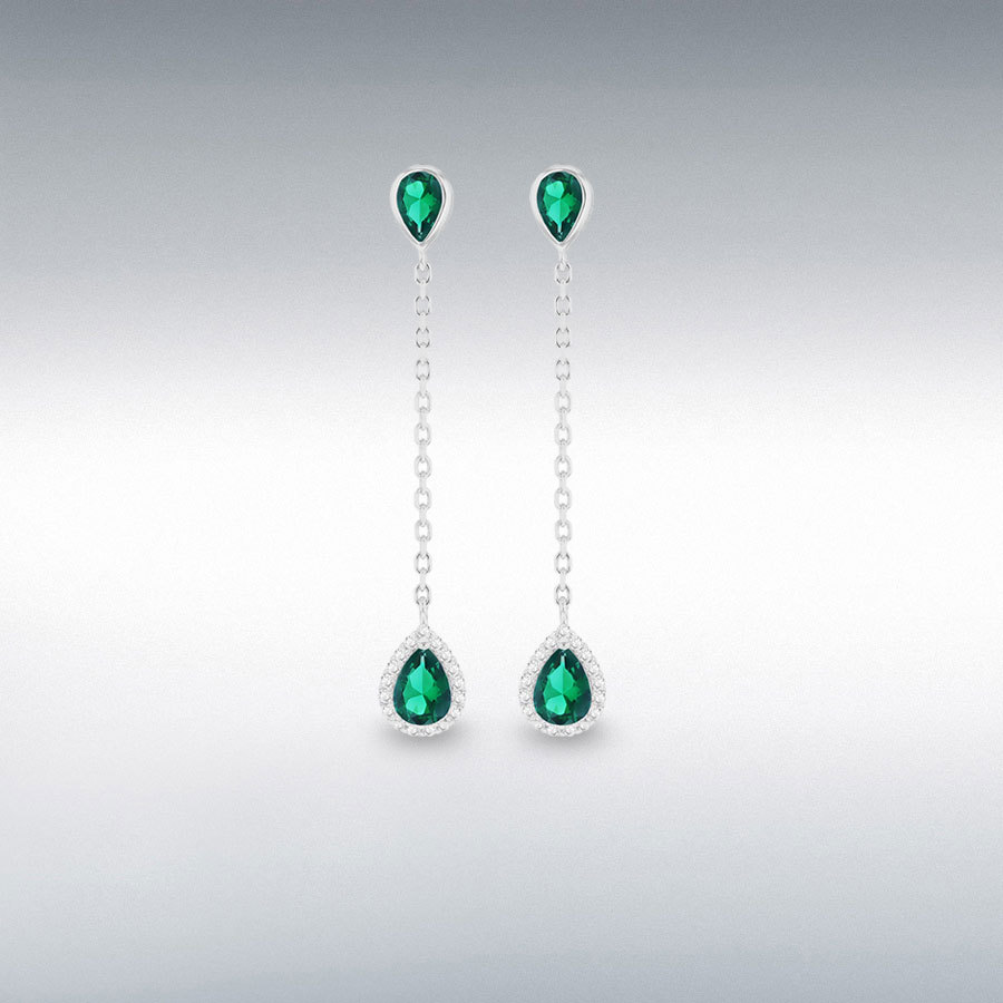 Sterling Silver Rhodium Plated Green and White CZ Teardrop Drop Earring