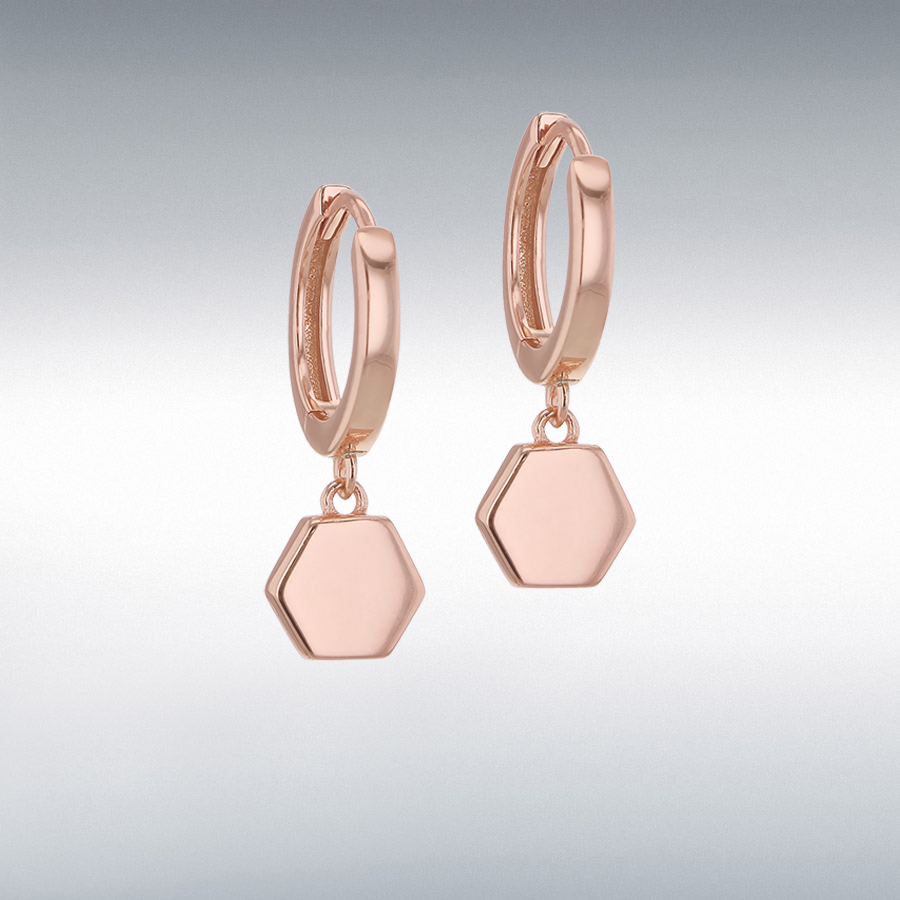 Sterling Silver Rose Gold Plated 7.5mm x 22mm Hexagon and Hoop Creole Earrings