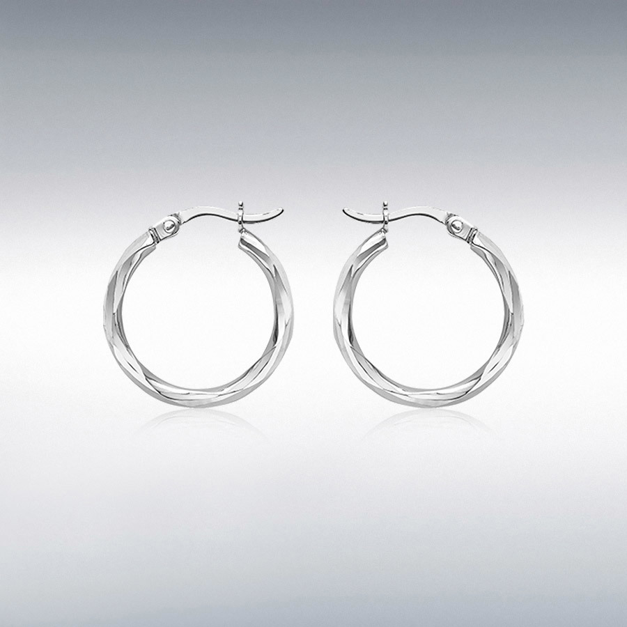9ct White Gold 18.5mm Diamond Cut Faceted Hoop Creole Earrings