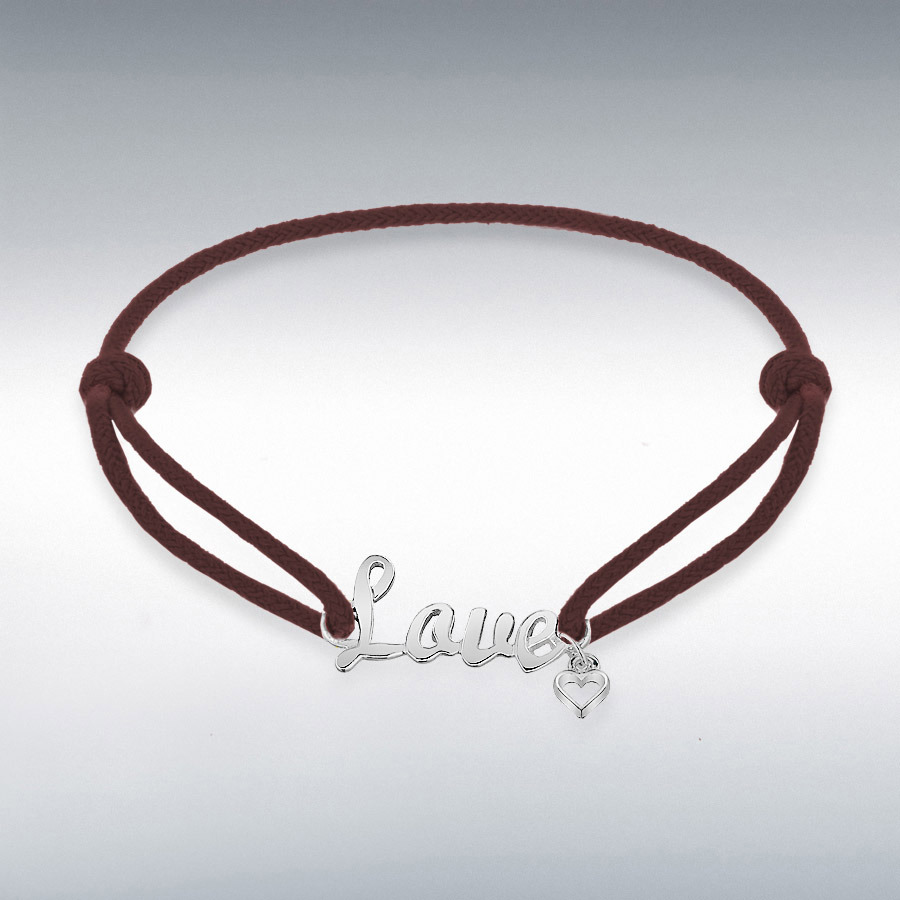 Sterling Silver Rhodium Plated Brown Cord 'Love' Bracelet