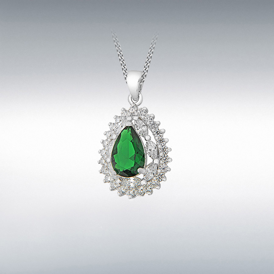 Sterling Silver Green and White CZ 18mm x 30mm Cluster Teardrop Pendant  