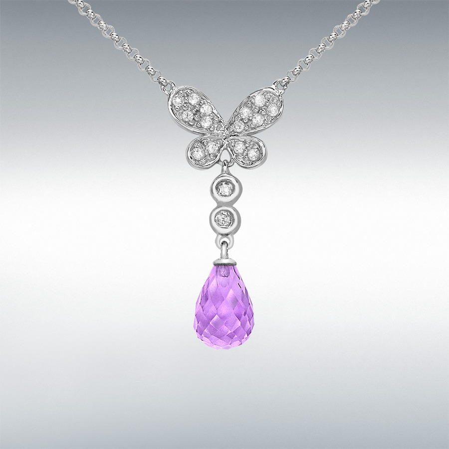 9ct White Gold 0.12ct Diamond Butterfly and Amethyst Drop Necklet 41cm/16"