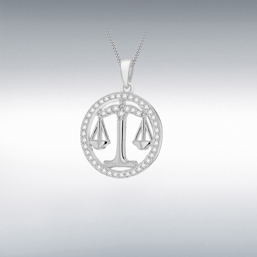 Sterling Silver Rhodium Plated CZ 19.3mm x 26.5mm Libra Zodiac Round Pendant