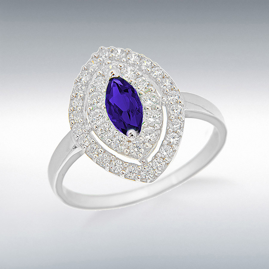 Sterling Silver Rhodium Plated White CZ and Synthetic Sapphire Marquise Elliptic Ring