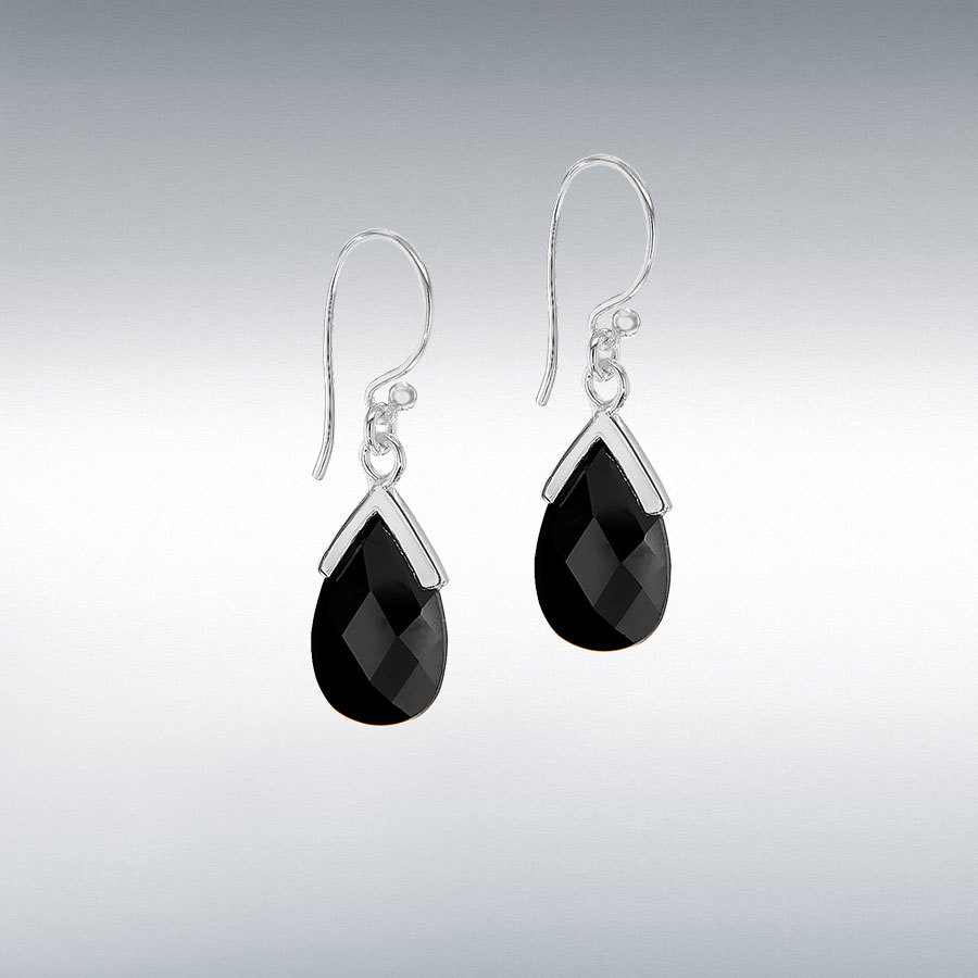 Sterling Silver Black Faceted CZ 7mm x 20mm Drop Earrings  