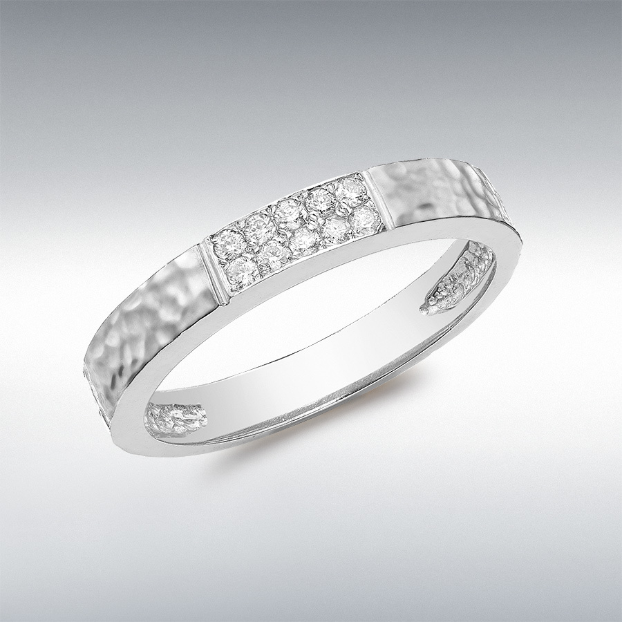 9ct White Gold 0.10ct Diamond Pave Hammered Band Ring