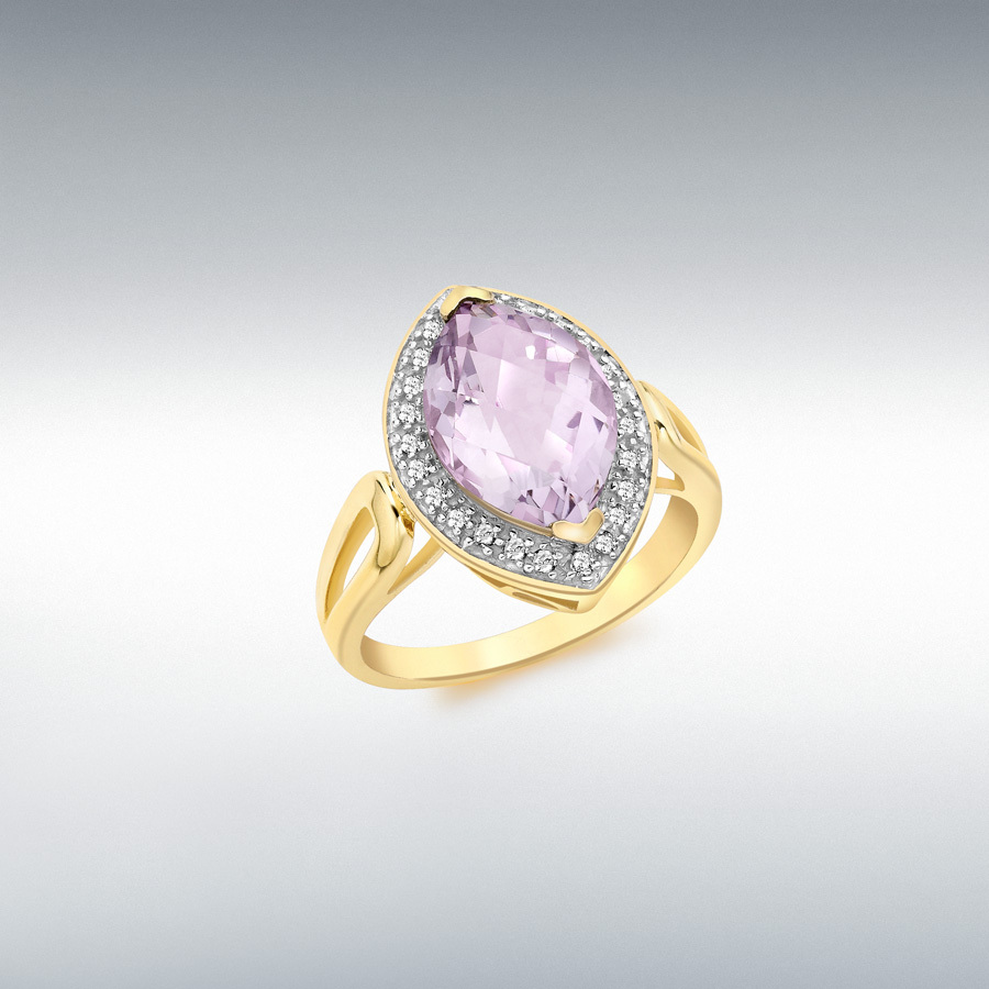 9ct Yellow Gold 0.15ct Diamond and Marquise Amethyst Ring