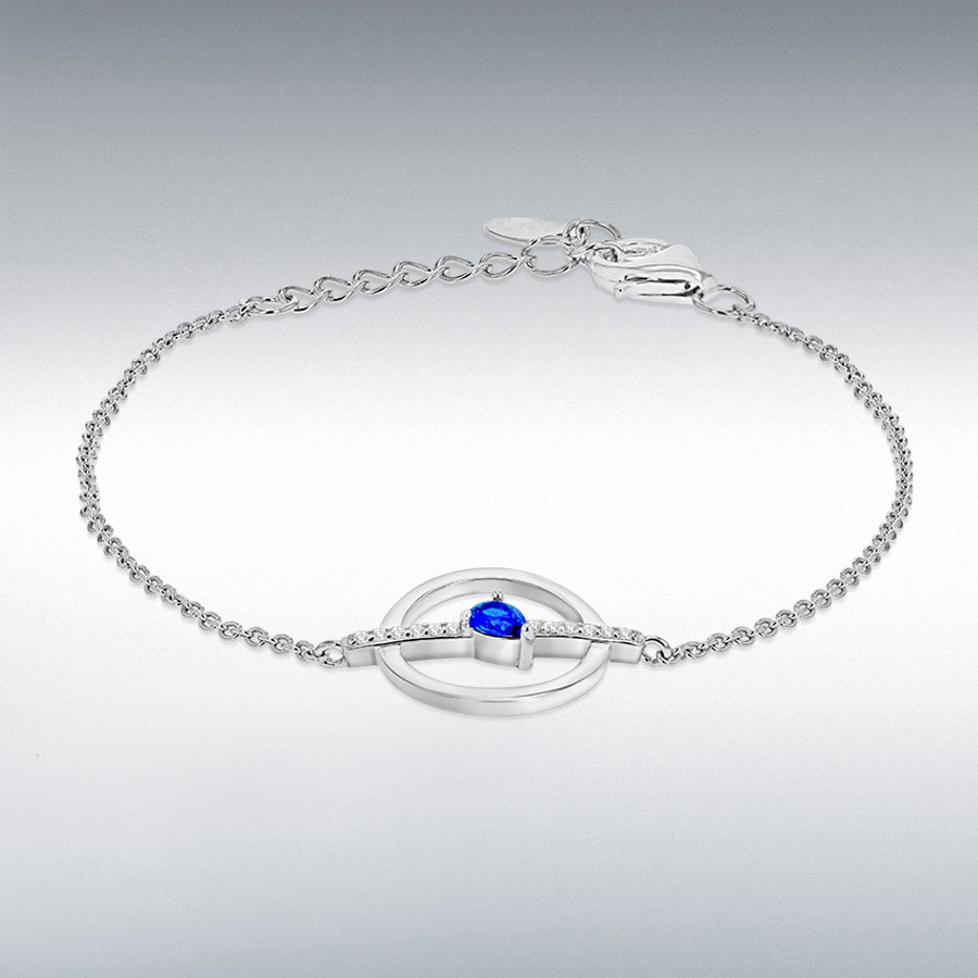 Sterling Silver Rhodium Plated Blue and White CZ 21mm x 14mm Circle & Bar Adjustable Bracelet 16cm/6.25"-18.5cm/7.25"
