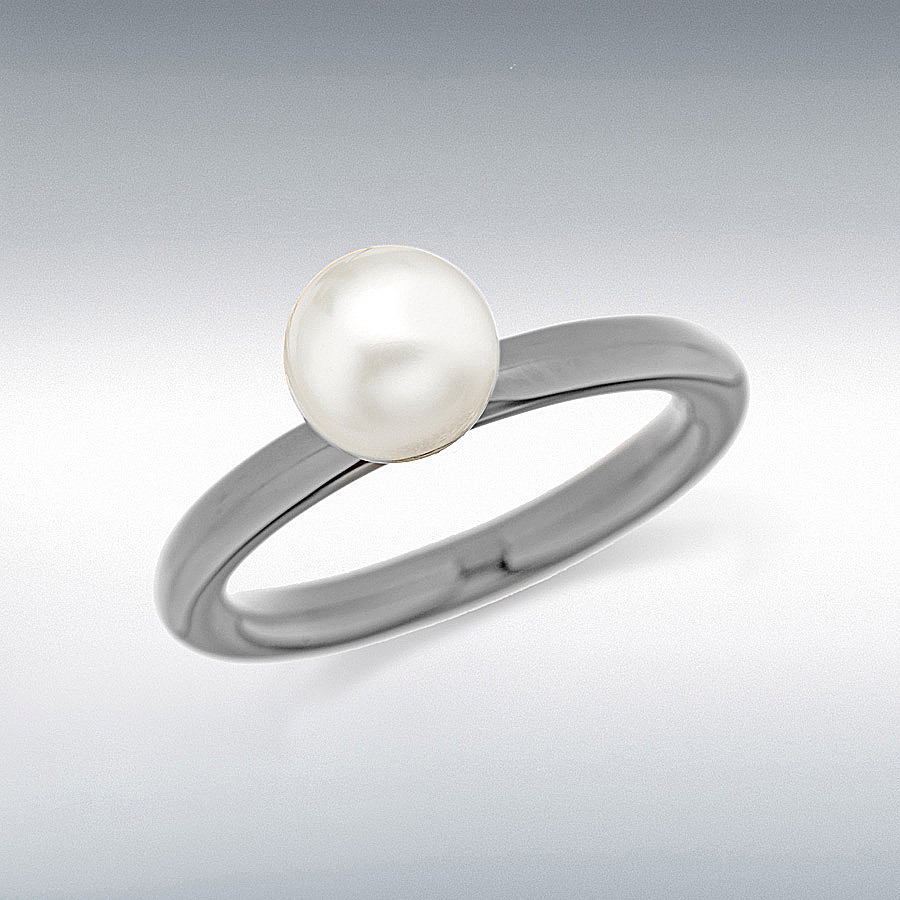 Sterling Silver Black Rhodium Plated White Simulated Pearl Stacking Ring