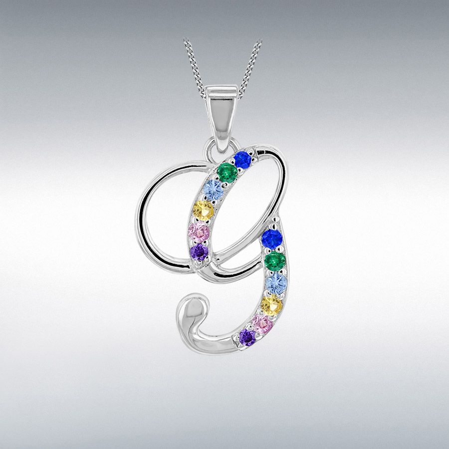 Sterling Silver Rhodium Plated with Multi-Coloured CZ Script G Initial Pendant