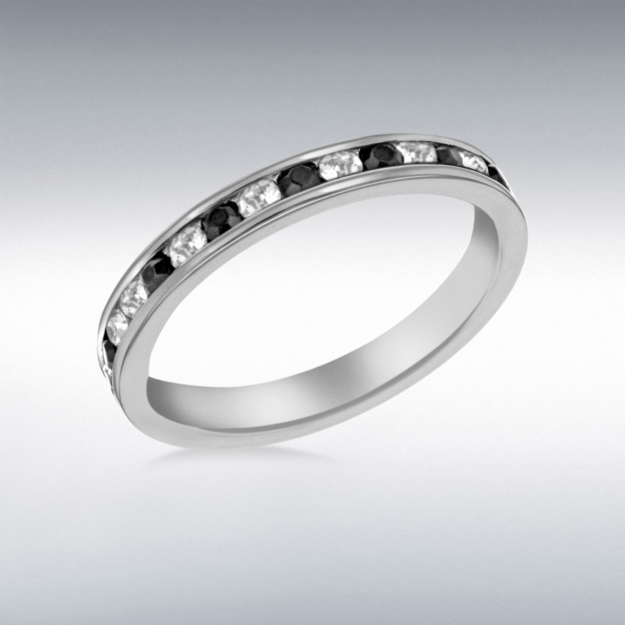 Sterling Silver Black and White Crystal 3mm Eternity Ring