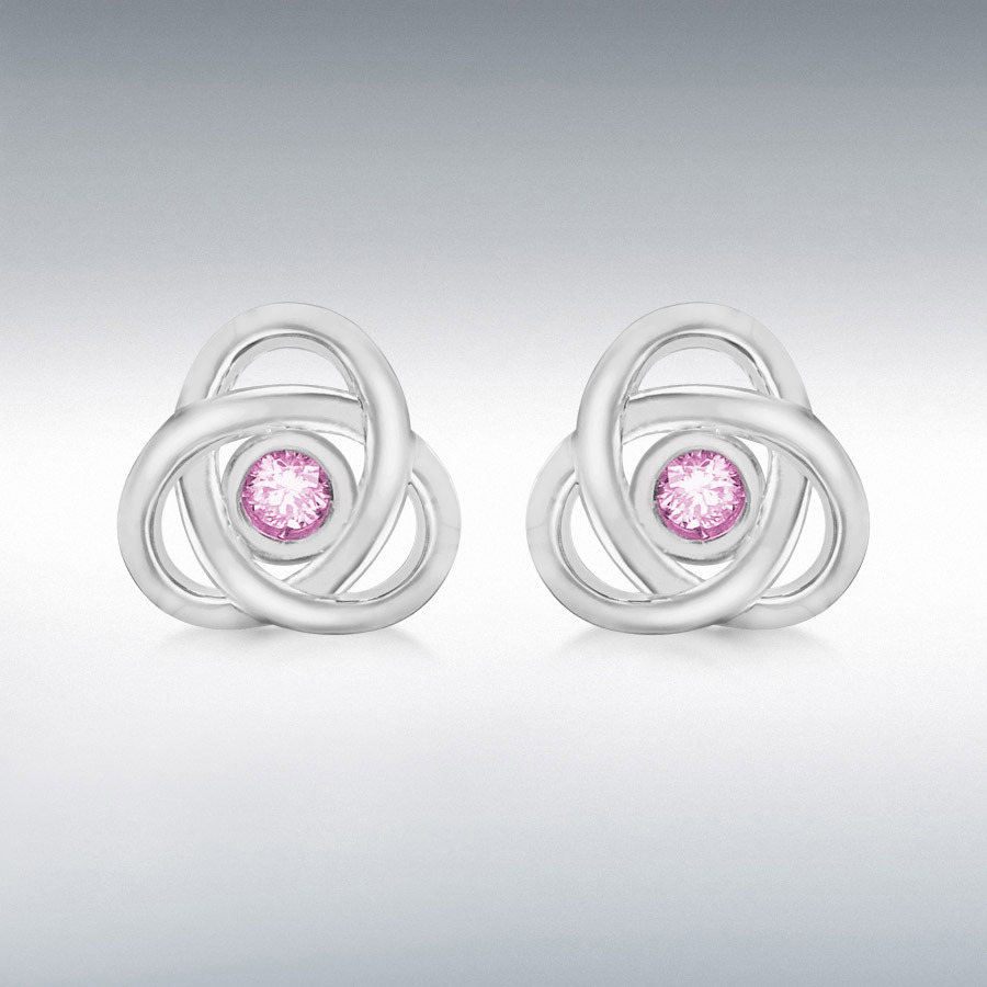 Sterling Silver 2mm Pink CZ 10mm x 10mm Celtic Knot Stud Earrings