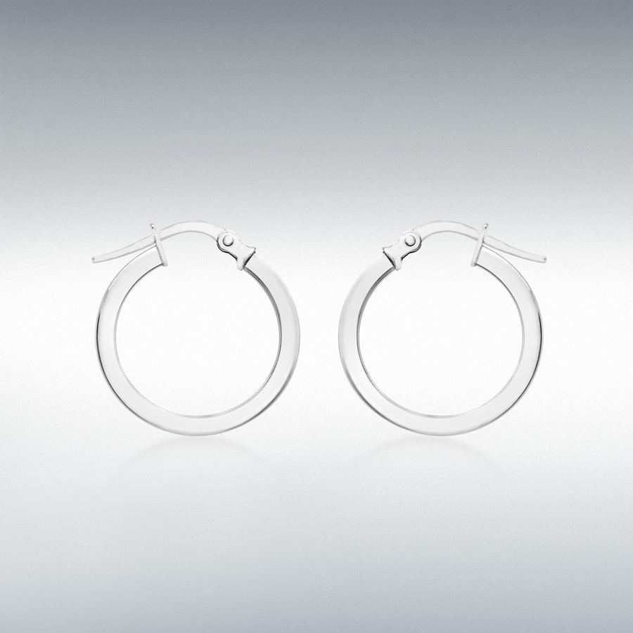 9ct White Gold 2mm Square-Tube 16mm Round Hoop Creole Earrings