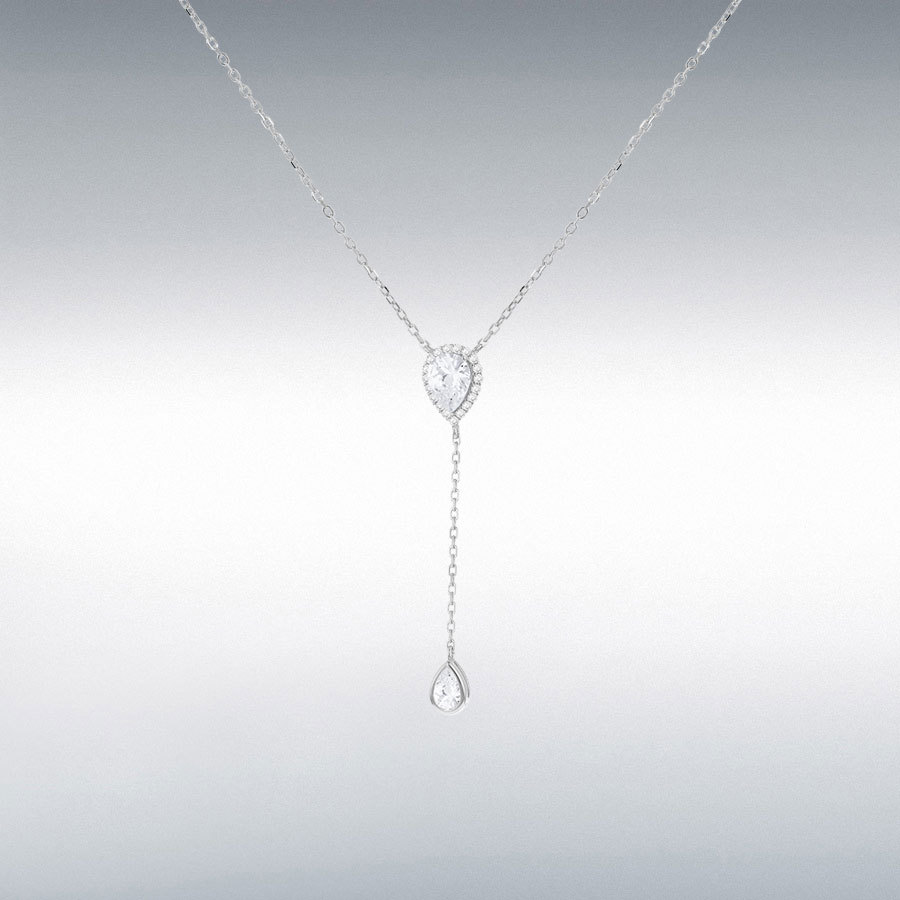 Sterling Silver Rhodium Plated White CZ Teardrop Adjustable Lariat Necklace 38cm/15"-43cm/17"