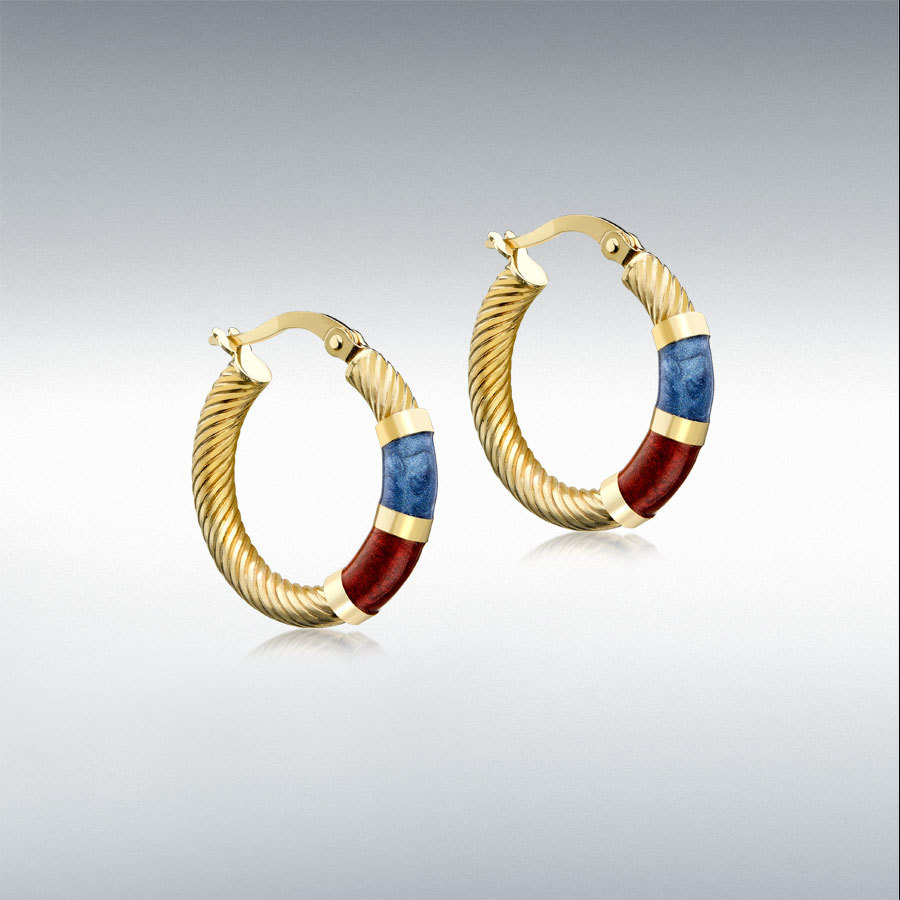 9ct Gold 21.5mm Blue and Red Enamel Twist-Tube Hoop Creole Earrings